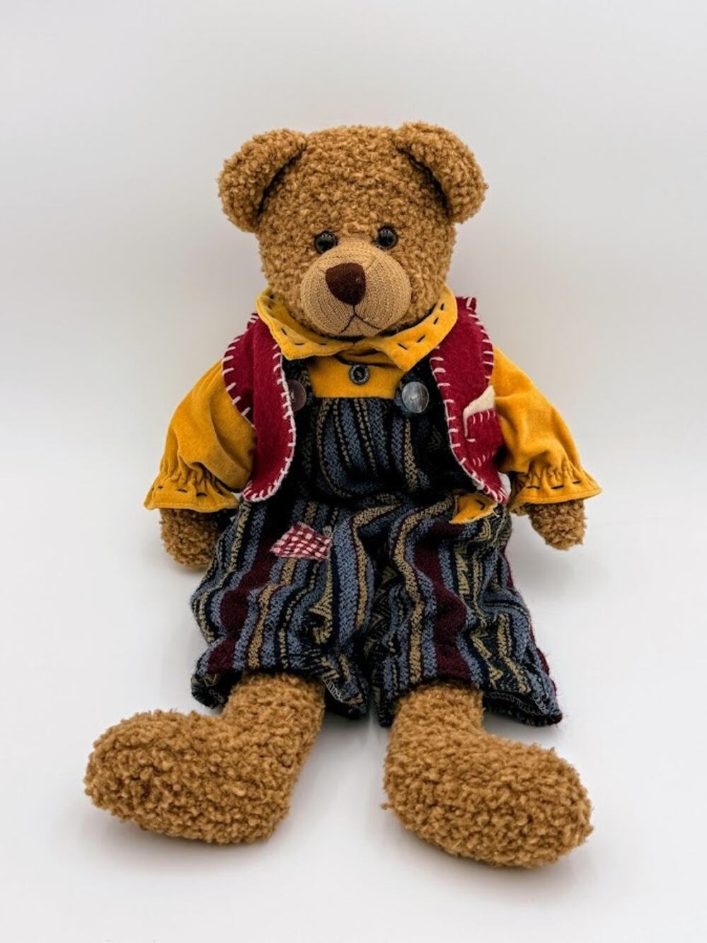 Vintage Country Teddy Bear in Patchwork Dress with Pipe, 18" Plush Bear